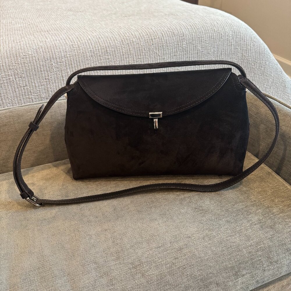 TOTEME T-Lock suede shoulder bag in dark brown suede